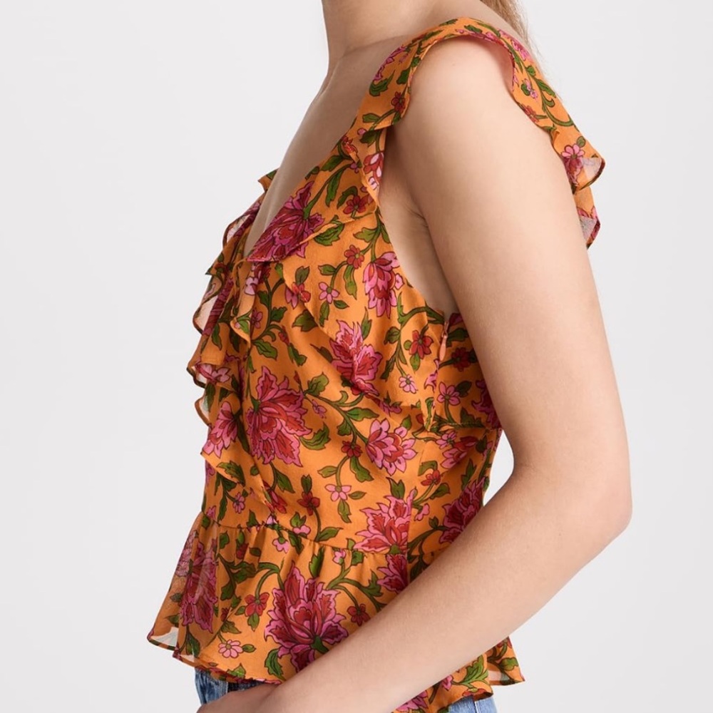 Floral Ruffle V-Neck Top - Yellow and Pink - Picture 4 of 9